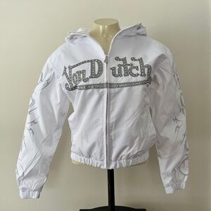 Von Dutch Rhinestone Hooded Windbreaker Jacket White
